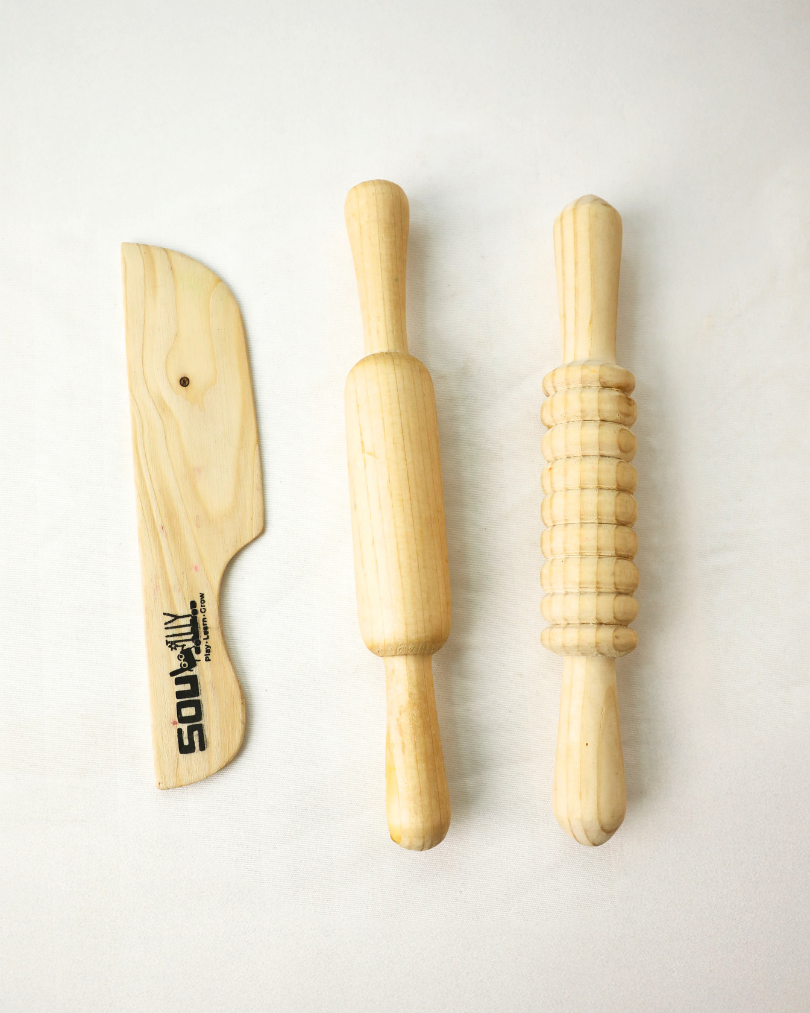 SouLilly Wooden Play Dough Tool Kit – Rolling Pins & Knife (3+ Years)