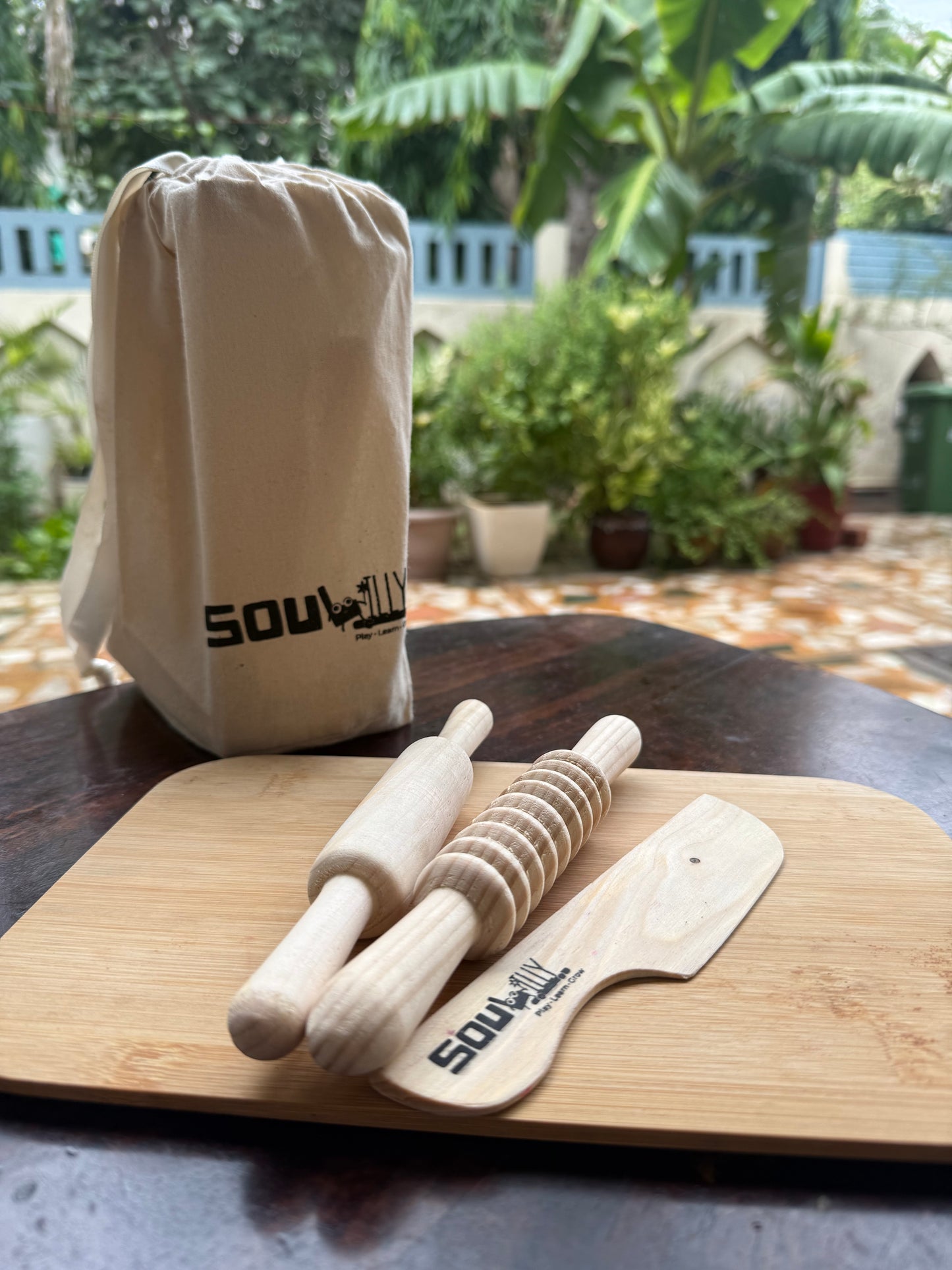 SouLilly Wooden Play Dough Tool Kit – Rolling Pins & Knife (3+ Years)
