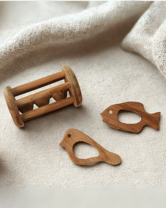 SouLilly Neem Wood Essentials – Teether & Rattle Set (3+ Months)